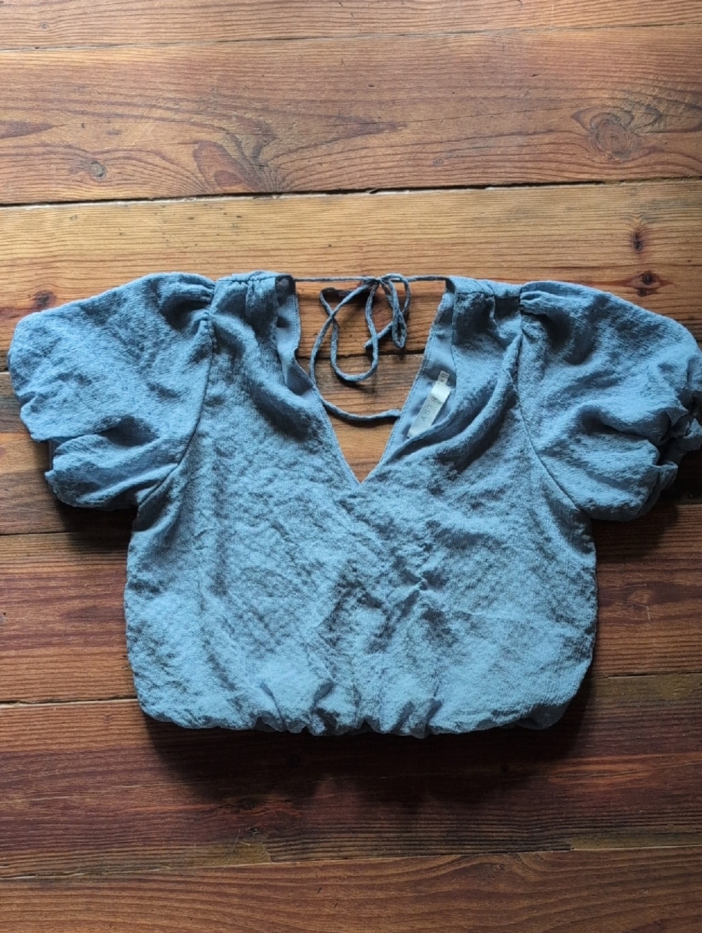 Astr Light Blue Puff Sleeve Tie-Back Cropped Top